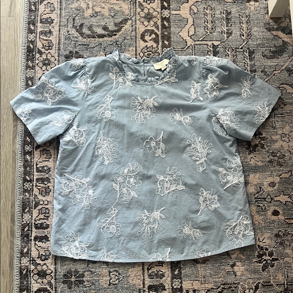 LOFT Blue Blouse with White Floral Embroidery